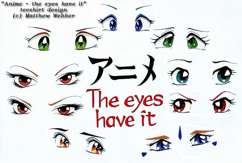 images of anime eyes. Anime - the eyes have it. Acrylic A3 - A teeshirt design.